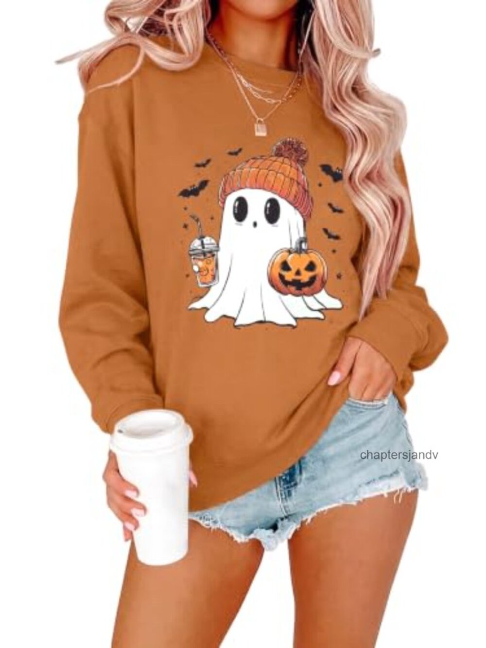 Cute Ghost Coffee Sweatshirt Women Crewneck Spooky Season Pullover